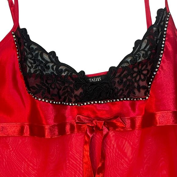 Fantasies Pajama Top Womens Large Red Mesh Black Lace Rhinestone Sleep Cami - Picture 8 of 12